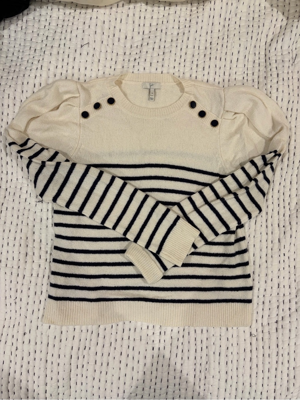 Joie Cream & Navy Striped Puff-Sleeve Crewneck Sweater with Shoulder Buttons